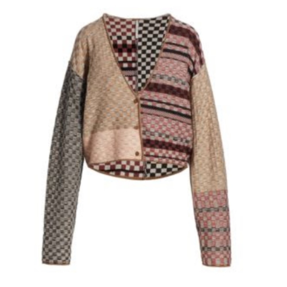 Free People Cream and Black Checkered Cardigan